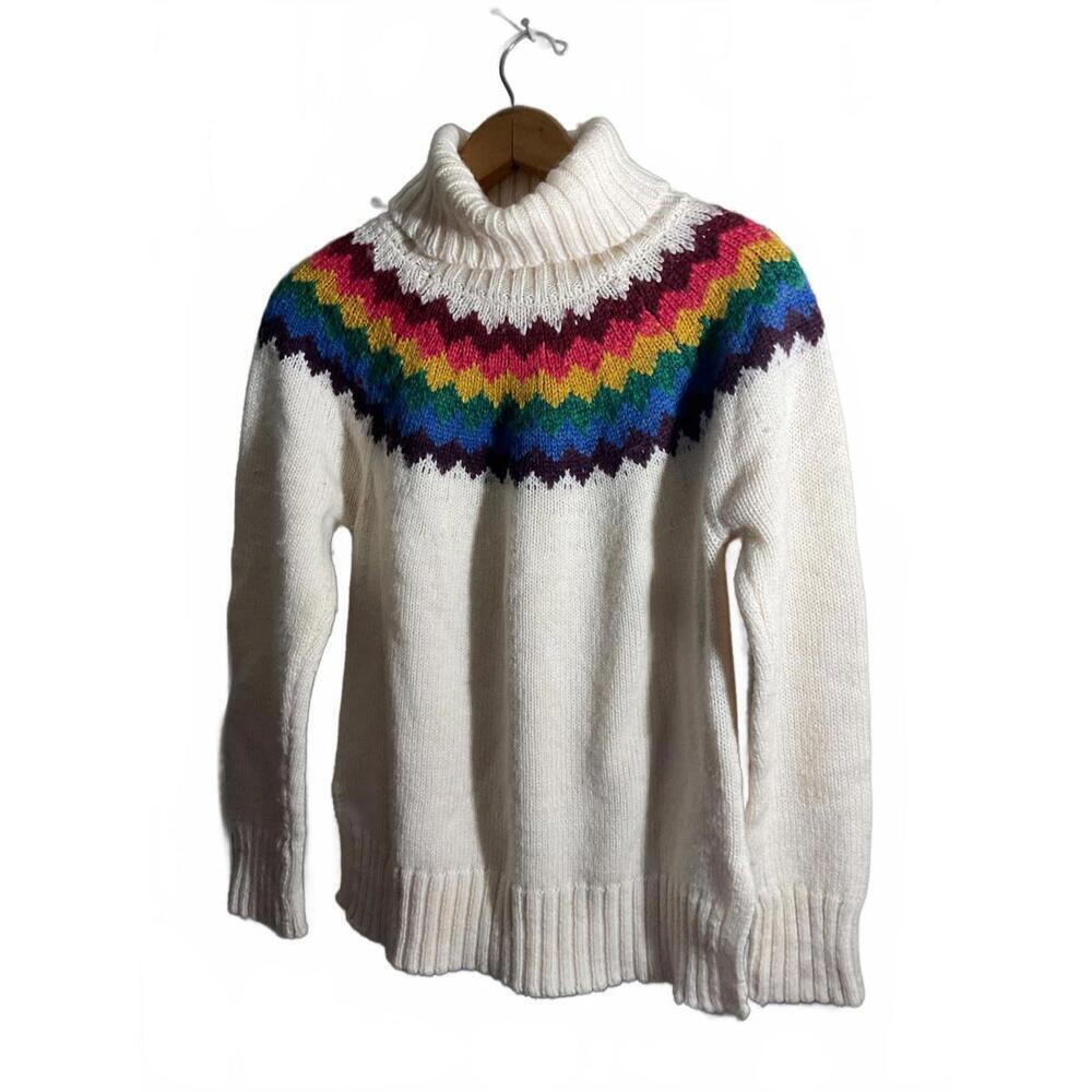 Alya White Wool Blend Turtleneck Sweater with Colorful Pattern Large
